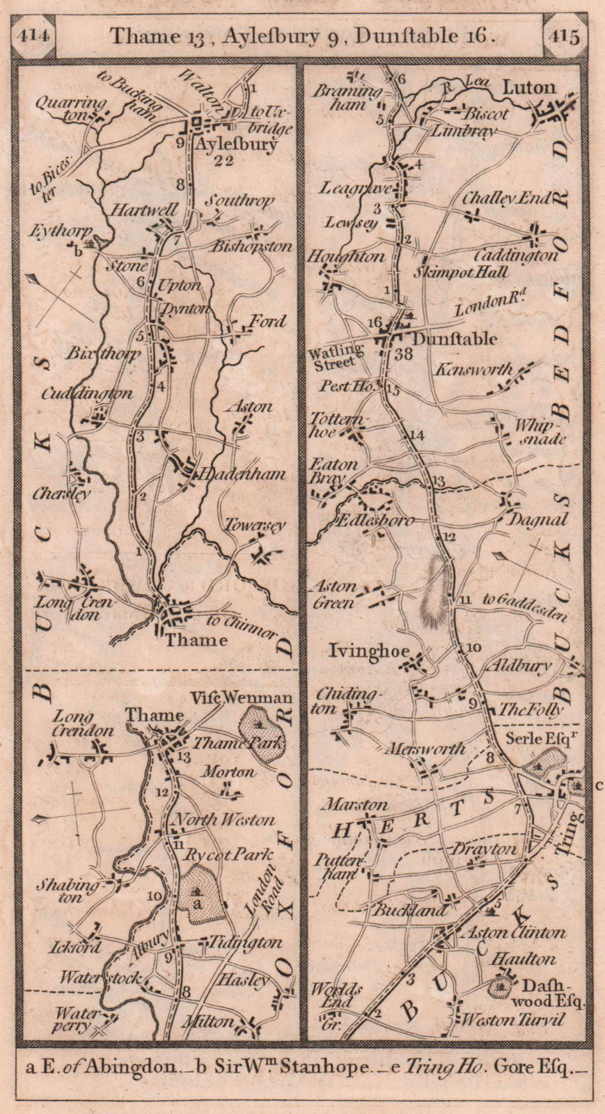 Thame-Aylesbury-Ivinghoe-Dunstable-Luton road strip map PATERSON 1803 old